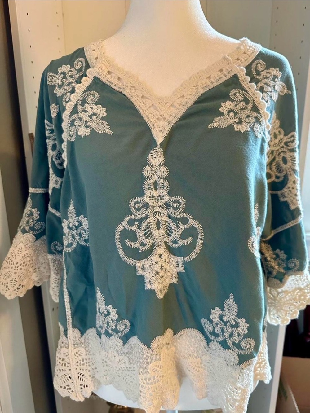 Democracy Teal Tunic with Cream Lace Embroidery